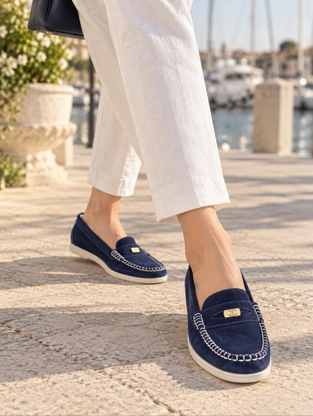 CHANEL Blue Suede CC Loafers White Stitching EU 40 G26548 Box